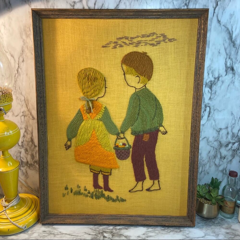 Vintage 1970’s Crewel Girl and Boy Holding Basket Retro Framed 19”x26”